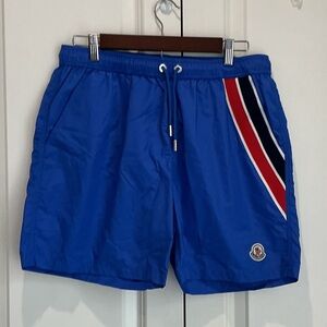 Moncler Men’s Blue Swim Trunks with Red and Black Stripe